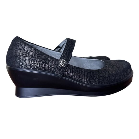 Alegria Flair Women's Black Mary Jane Wedge Metallic Pewter Floral Size 39/8.5 - Picture 4 of 13